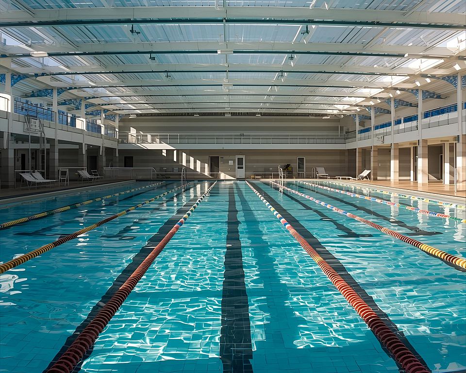 Leere Schwimmhalle mit abgeteiten Bahnen, die mit blauem Wasser und sonnendurchflutet zum Schwimmen einladen