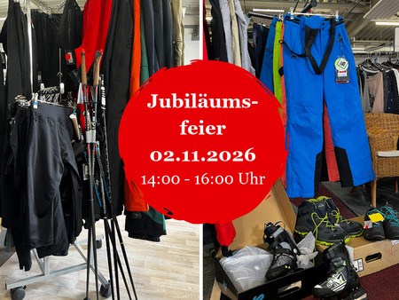 Ankündigungsbild für Aktionstag zum Jubiläum im Spendenzentrum mit Bildern von Outdoorklamotten: Schuhe, Schneehose und Wanderstöcke