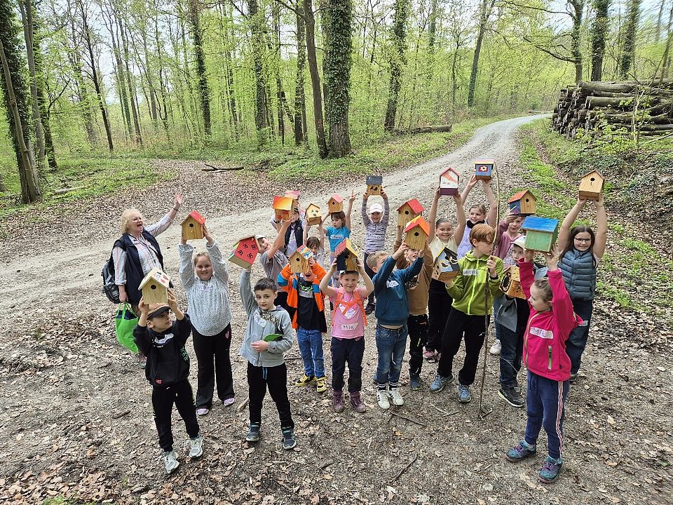 Kinder beim Walderlebnistag des DRK-Ortsvereins Harste in einer Gruppe im Wald, in der Hand halten sie ihre gebauten Nistkästen in die Höhe