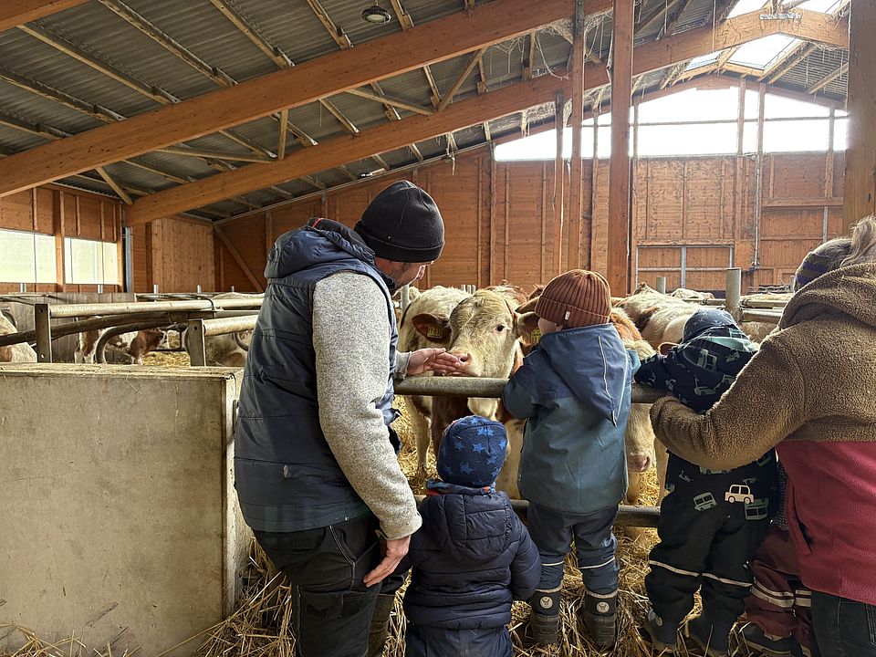 Kinder der DRK‑Kita Hedemünden stehen mit dem Bauern des Hofes an der Absperrung eines Kuhstalls.