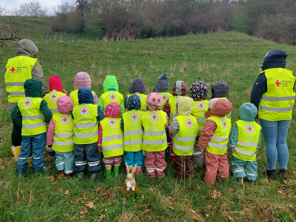 Kita-Kinder der DRK-Kita Bühren auf einer grünen Wiese mit DRK-Warnwesten in gelb, als Gruppe von hinten zu sehen mit den Erzieher*innen