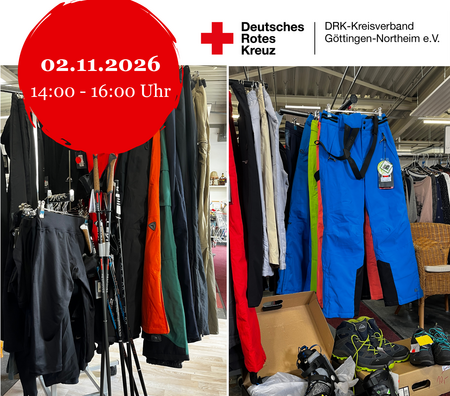 Ankündigungsbild für Aktionstag zum Jubiläum im Spendenzentrum mit Bildern von Outdoorklamotten: Schuhe, Schneehose und Wanderstöcke