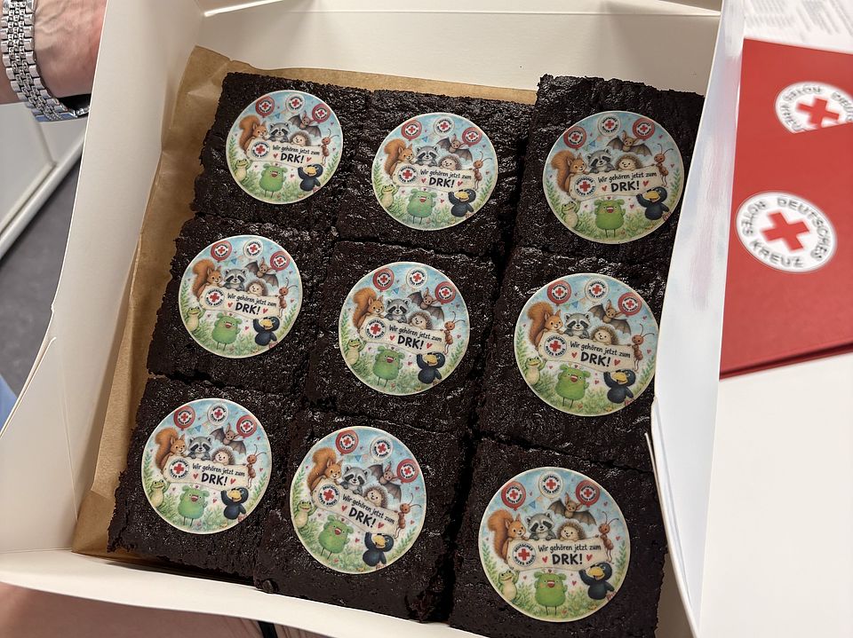 2026_10_01_Teamtag_Kita_Löwenhagen__3_.jpg Brownies mit individuell gestaltetem DRK-Motiv als Willkommensgruß zum Start der neuen Trägerschaft der Kita Löwenhagen.