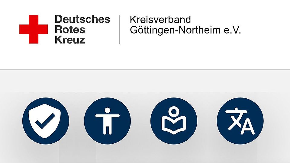 Logo des Deutschen Roten Kreuzes mit Schriftzug ‚Kreisverband Göttingen‑Northeim e. V.‘ sowie vier blau‑weiße Symbole für Sicherheit, Barrierefreiheit, Informationen und Sprachauswahl