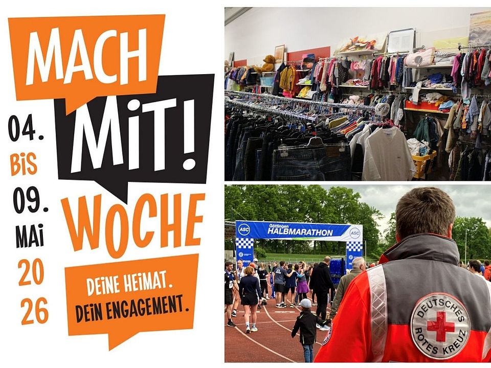 Plakat zur MACH MIT Woche des DRK‑Kreisverbands Göttingen‑Northeim e. V. mit Aufruf zum ehrenamtlichen Engagement, ergänzt durch Bilder aus Spendenzentrum und Sanitätsdienst bei einer Laufveranstaltung