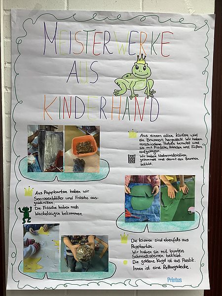 Plakat „Meisterwerke aus Kinderhand“ zum Märchenprojekt „Der Froschkönig“ der Vorschulkinder des DRK-Heilpädagogischen Kindergartens mit Fotos der kreativen Gestaltungsschritte.