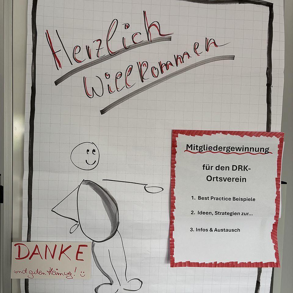 2026_06_10_Zukunftswerkstatt_der_Ortsvereine__9_.jpeg Flipchart „Herzlich willkommen“ zur Veranstaltung Mitgliedergewinnung beim DRK-Ortsverein mit Agenda der Zukunftswerkstatt in Göttingen