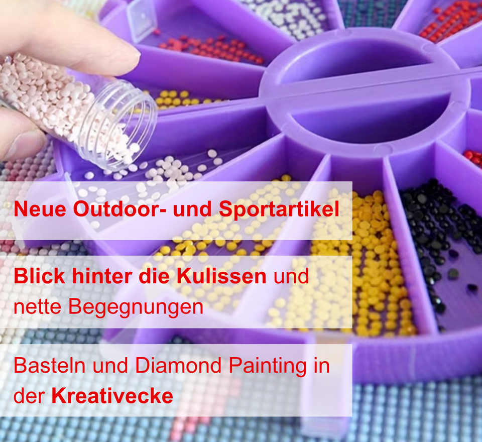 SoMe_Ankünd-Posts_Spendenzentrum2_.png Perlen zum Basteln in einer lila Schale, dazu Ankündigung der Aktivitäten beim Jubiläum im Spendenzentrum